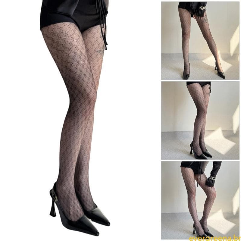 Meia-Calça Feminina Elegante Malha Losango E Cintura Transparente Arrastão