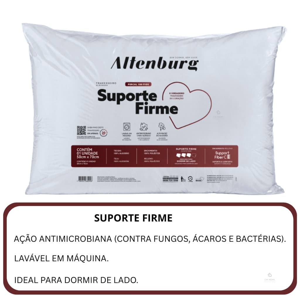 Travesseiro Altenburg Suporte Firme P/ Dormir Lado Postura Correta Percal 180 Fios - Não Alérgico