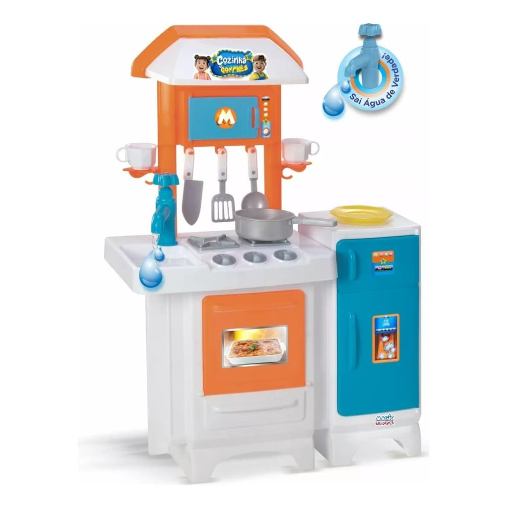 Cozinha Infantil Completa Branco Azul e sai água de verdade Grande Magic Toys