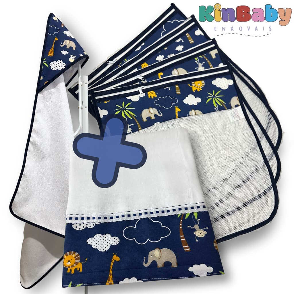 Kit Enxoval Bebê – Toalha com Capuz Forrado Estampado + Fralda Toalha + 4 Saquinhos Tule com Zíper