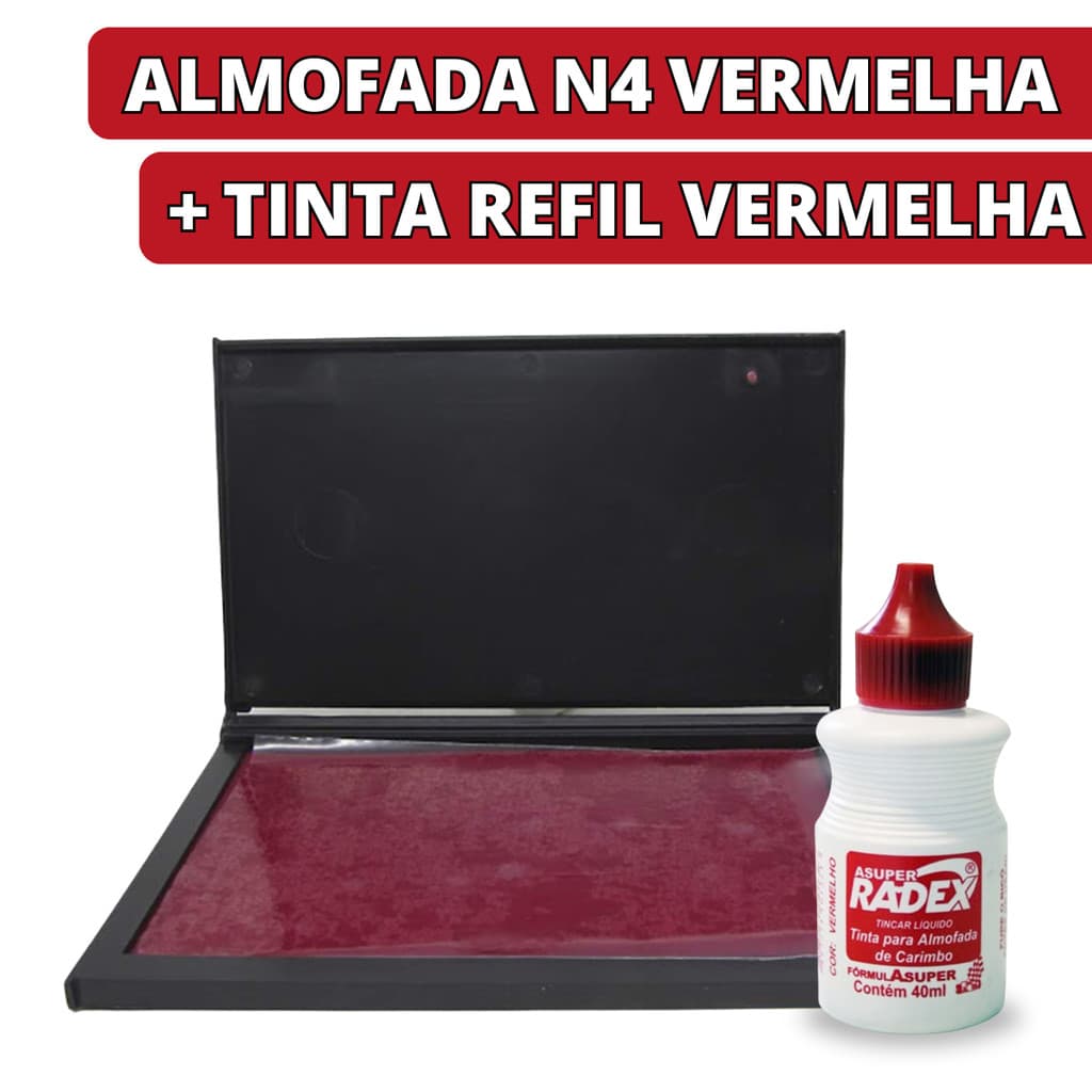 Kit Almofada Para Carimbo Carimbeira Grande Vermelha + Tinta Refil 40ml Secagem Rápida