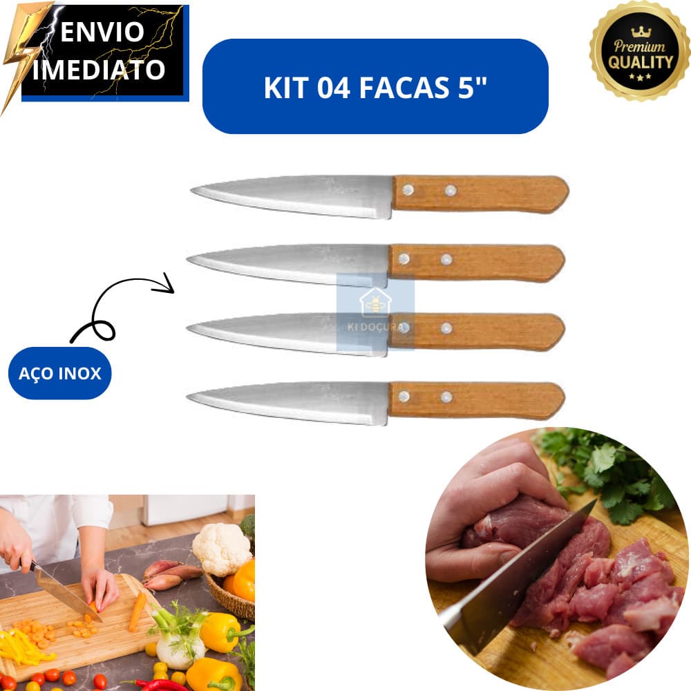 Kit 4 Facas 5" em Aço Inox com Cabo de Madeira – Durabilidade e Corte Preciso | Envio Imediato