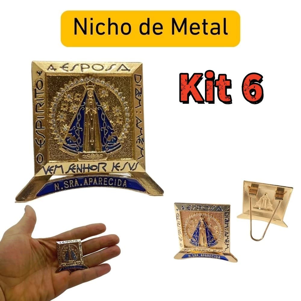 Kit 6 Unidades Nicho Nossa Senhora Aparecida em Metal Dourado com Strass – Decoração Religiosa e Presente de Fé