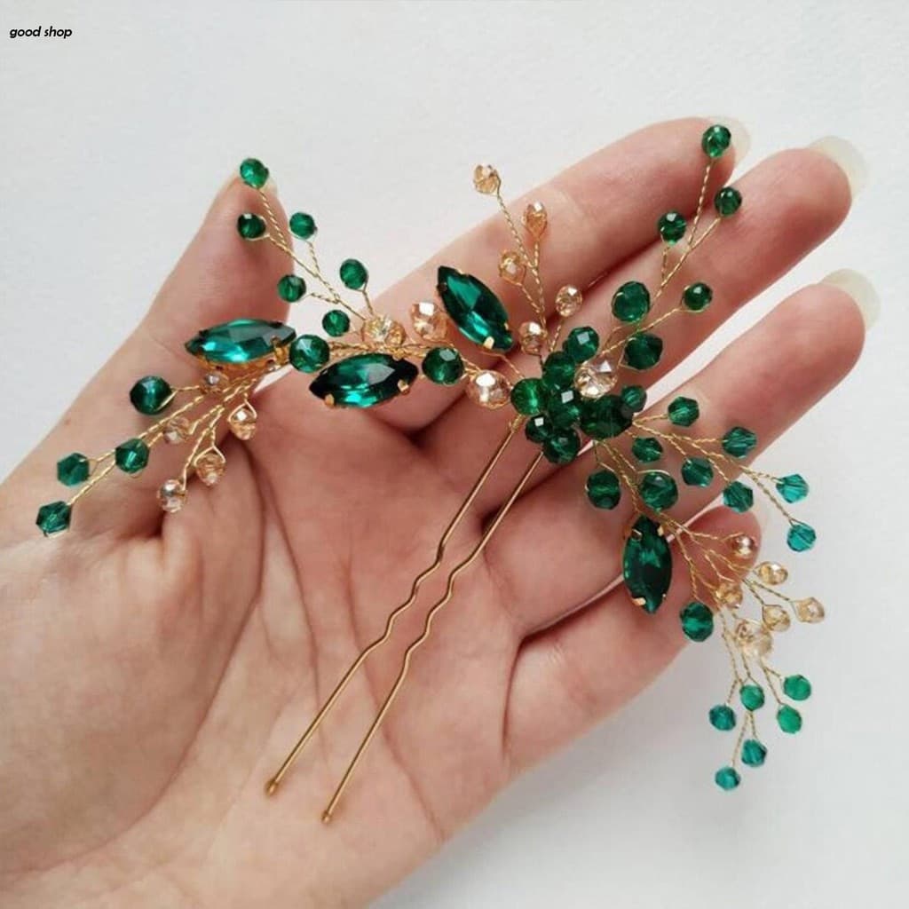 Grampos De Cabelo Chineses Feitos À Mão Em Forma De U , Esmeraldas Brilhantes , Strass , Cocar Para Noiva , Dama De Honr