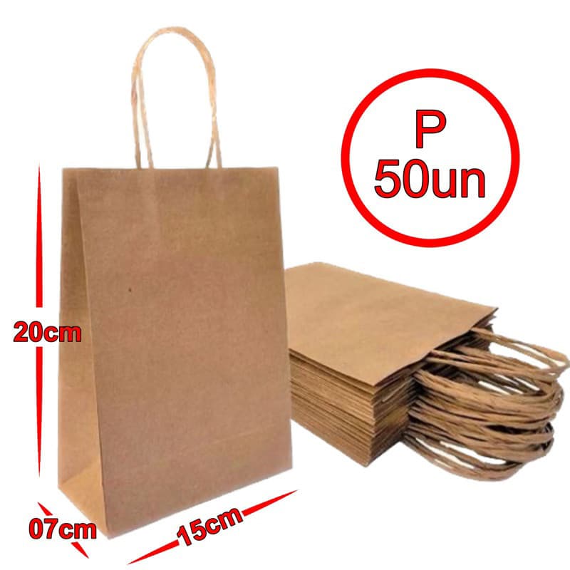Sacola De Papel Kraft Natural P 15x20x07cm 50 Unidades