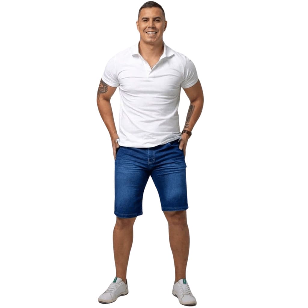 Bermuda Masculina Shorts Masculino JEANS Azul Used Lisa Elastano Lycra - Direto da Fábrica