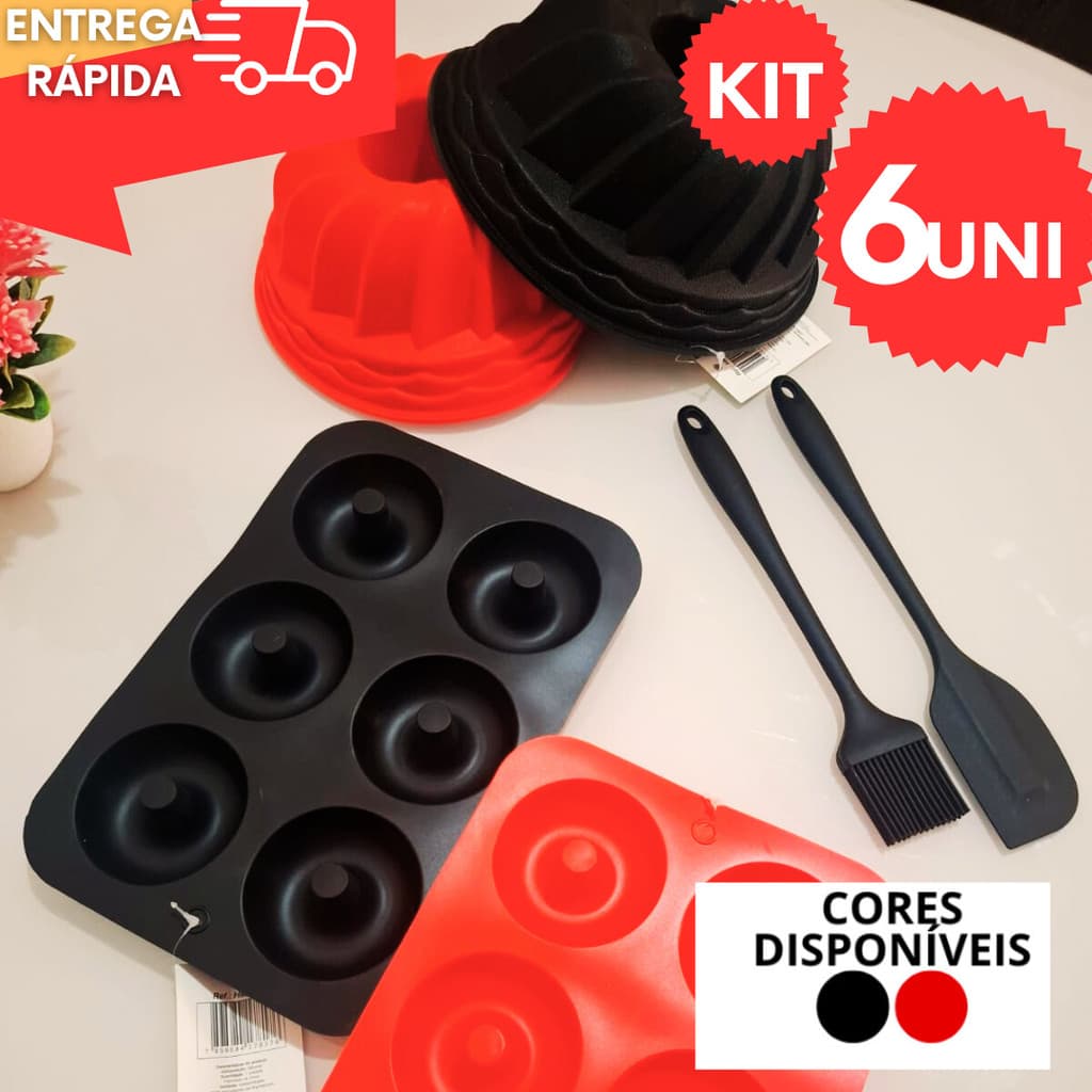 Kit Formas de Silicone Para Donuts + Bolo + Espátula + Pincel Confeitaria
