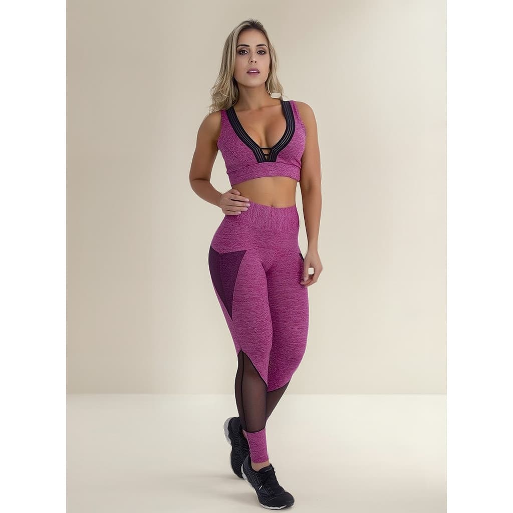 Calça Legging Tecido Trabalhado Com Recorte Detalhe Em Tela