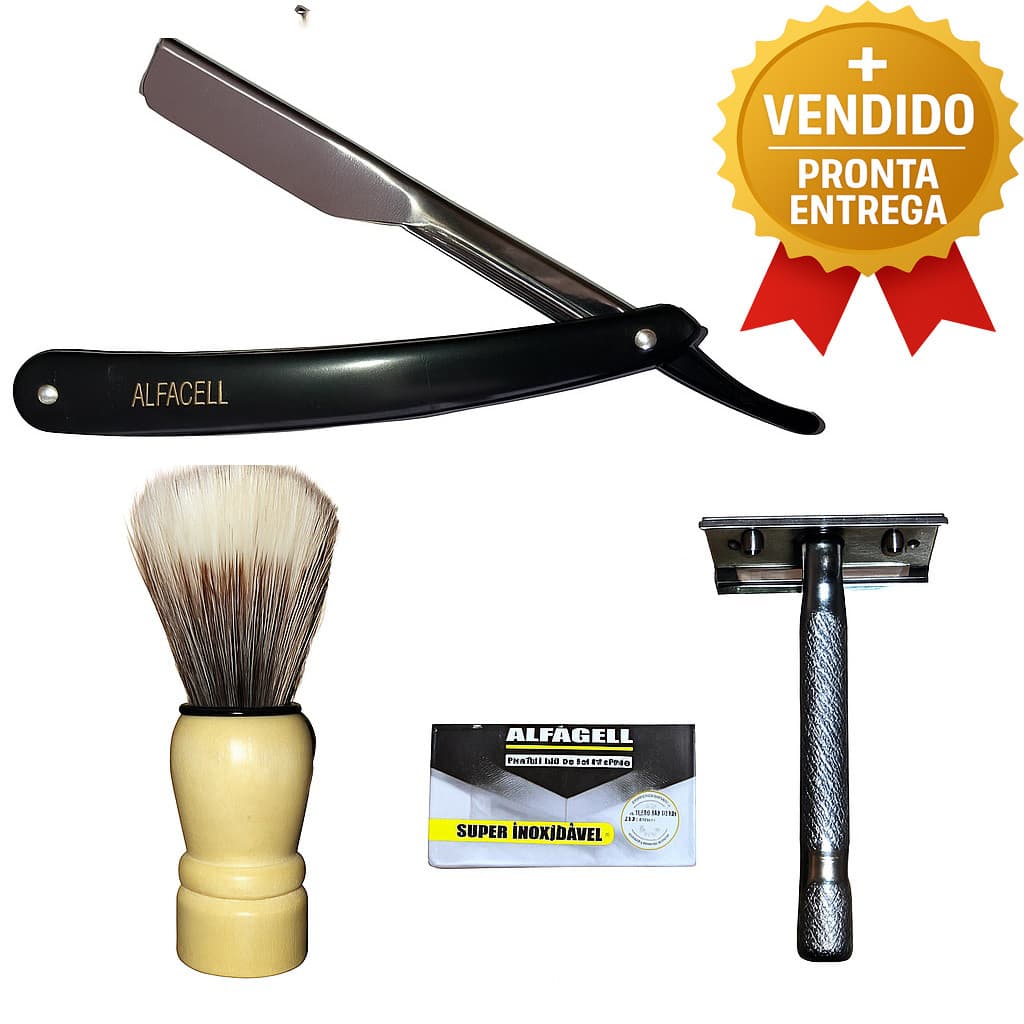 Kit Profissional de Barbear Navalha+ Pincel de Barbear+ Barbeador Inox+ Lâmina