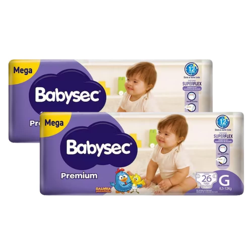 2x Fralda BabySec Premium Galinha Pintadinha Mega G c/26un Cada – Proteção e Conforto o Dia Todo