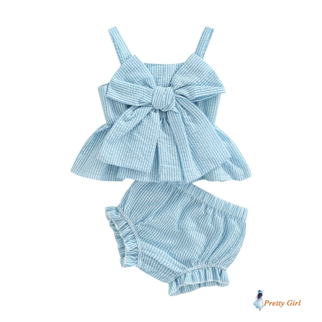 Mellifluous-Conjunto De Shorts Para Bebê Com Estampa Listrada E Laço Grande Embelezado Sem Mangas + Elásticos De Cintura