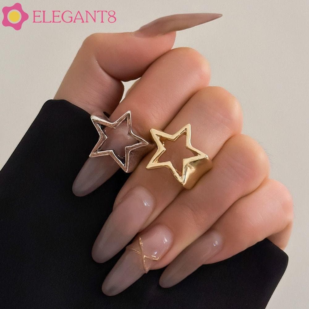 Anel De Estrela De Metal AELEGANT , Aberto Geométrico Oco , Fivela De Dedo Largo Com Design Minoritário De Liga
