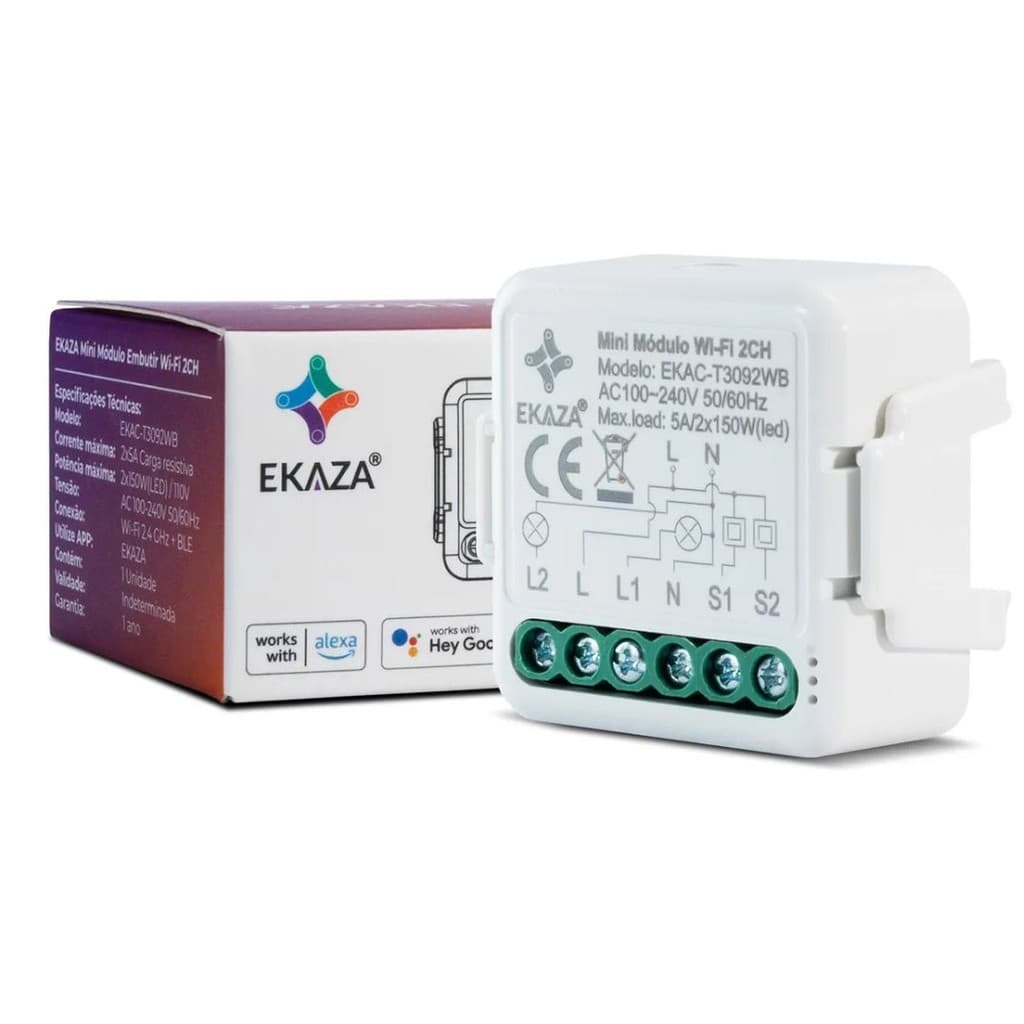 Interruptor Mini Módulo Wi-fi Paralelo Bluetooth 2 Canais Ekaza Alexa e Google