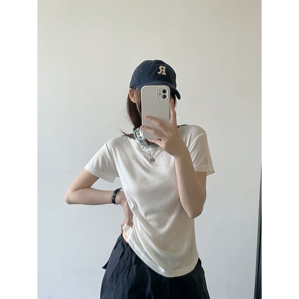 Sun Pomelo Versão ju Bom Algodão Névoa Macia Requintada t Mulberry Silk Tencel Lyocell Manga Curta Em Torno Do Pescoço C