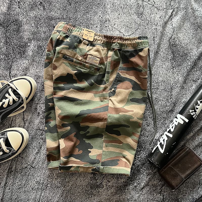 Indústria pesada lavado algodão puro lona cordão cintura elástica solto Hardcore macacão Retro camuflagem Casual verão C