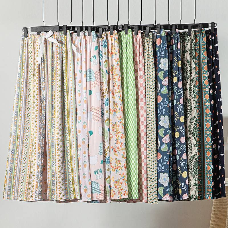 Calças de pijama de seda de algodão femininas verão estilo fino algodão Artificial calças de perna larga primavera outon