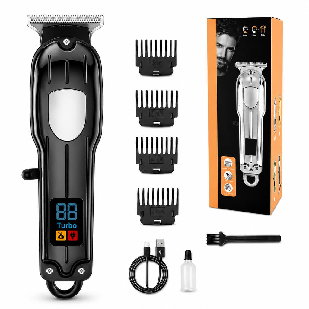 Aparador Profissional de Precisão para Cabelo Barba Contorno Display LED e Turbo