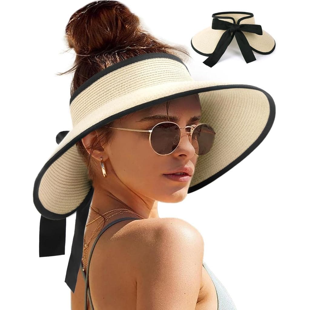 Viseiras de Sol Camptrace para Mulheres, Chapéu de Praia de Aba Larga, Viseira de Palha Dobrável, Chapéu de Verão com Ab