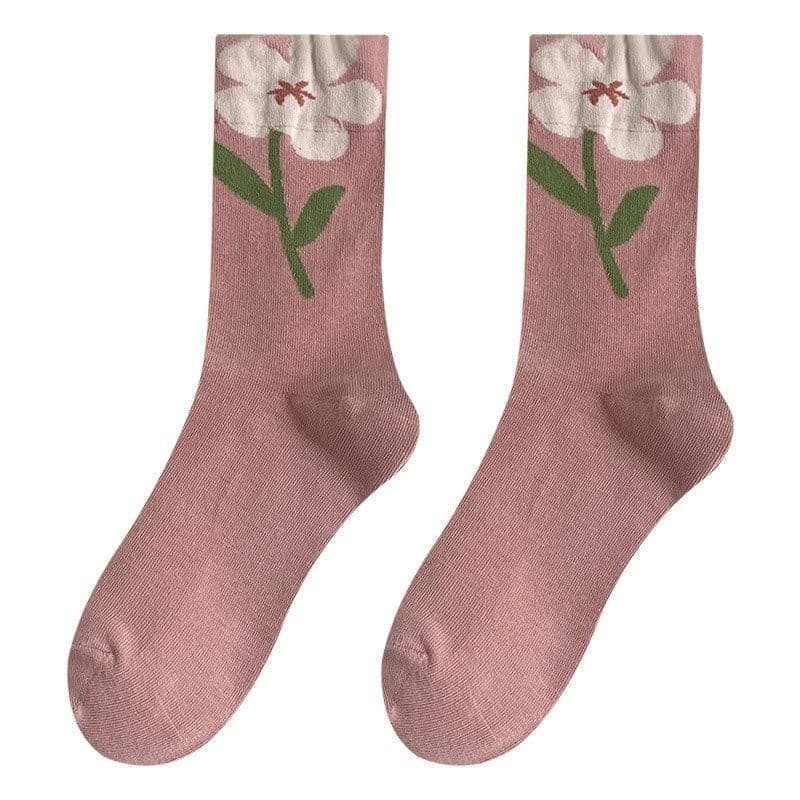 Meias 3D com Estampa de Flores para Mulheres, Meias de Cano Médio Estilo Japonês Vintage para Primavera e Outono, Meias