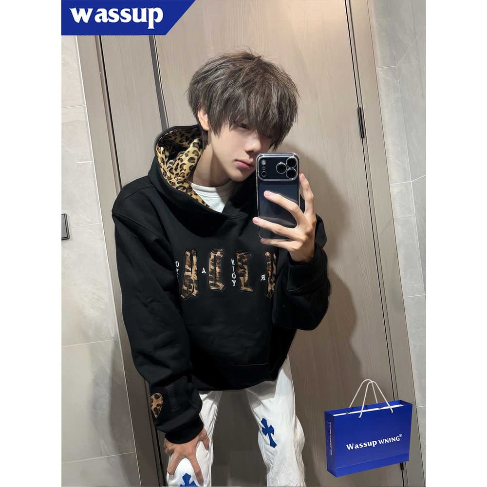 WASSUP American Heavy Leopard Print Moletom com capuz masculino forro de lã engrossado carta remendo bordado solto Co