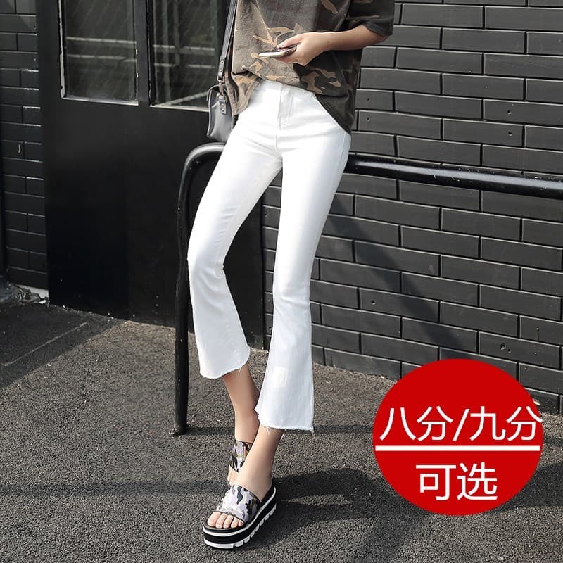 Ins Super quente Denim calças cortadas feminino branco Micro-queimado primavera 150cm curto mais magro olhar tornozelo c
