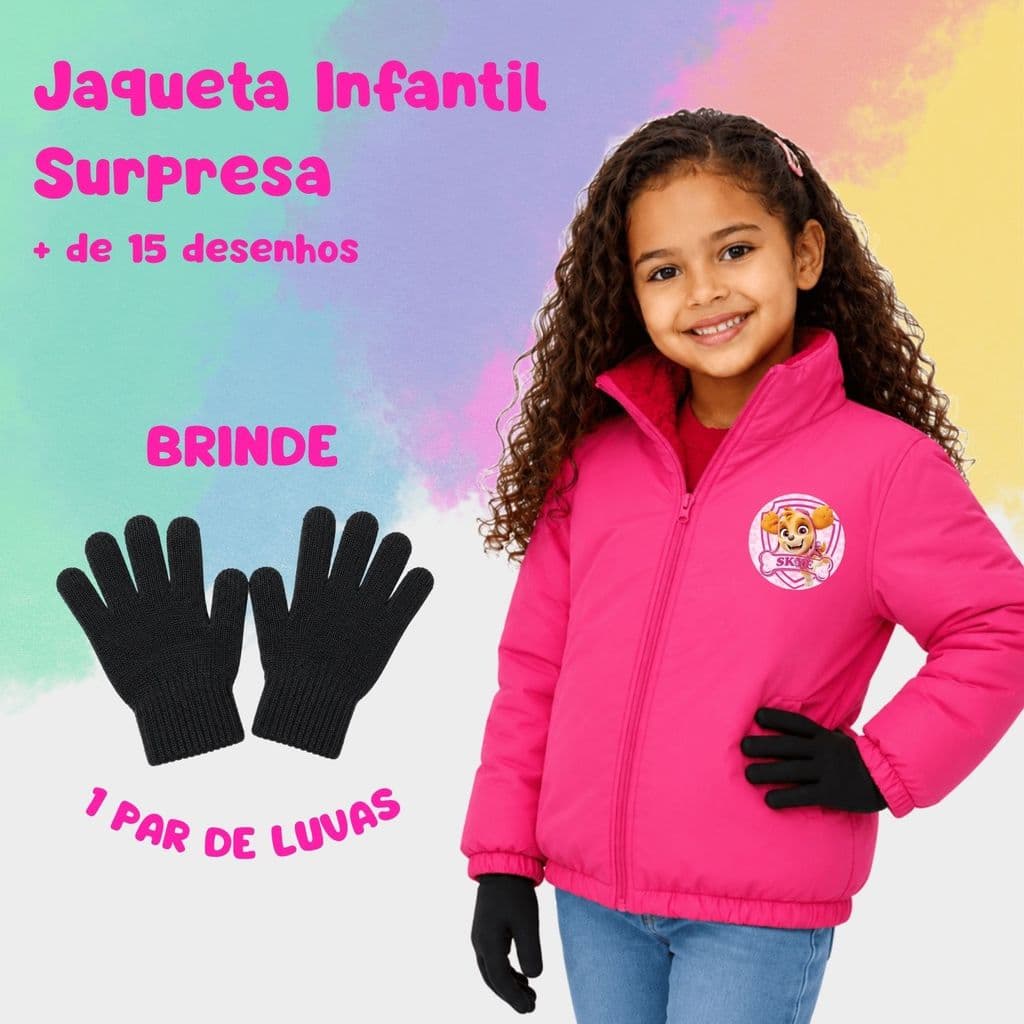 Casaco Infantil Meninas + Brinde Luvas Inverno Forrado Escolha o Personagem Cor Surpresa