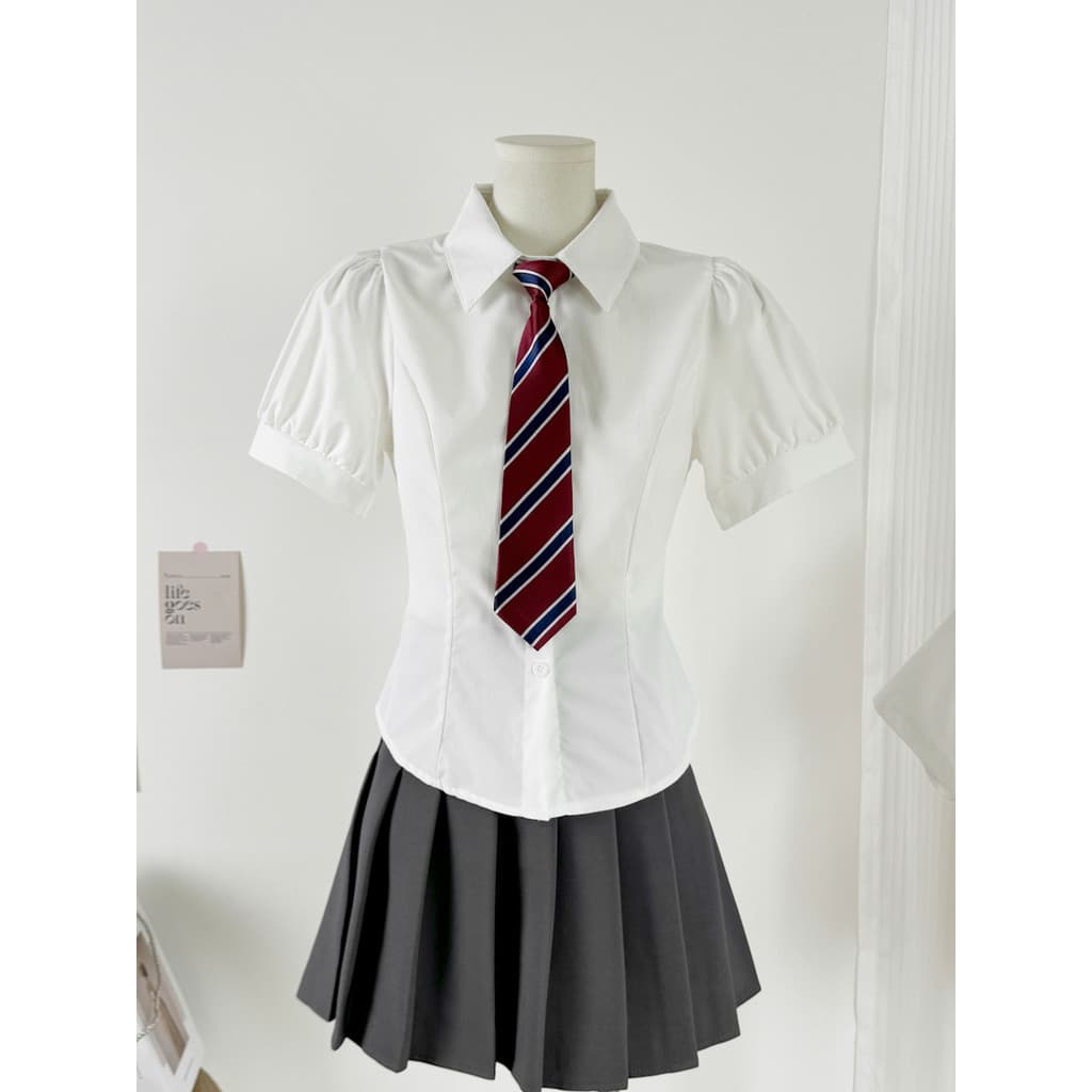 Estilo Preppy jk uniforme terno amarrado cintura estreita camisa branca feminina verão bolha de manga curta magro