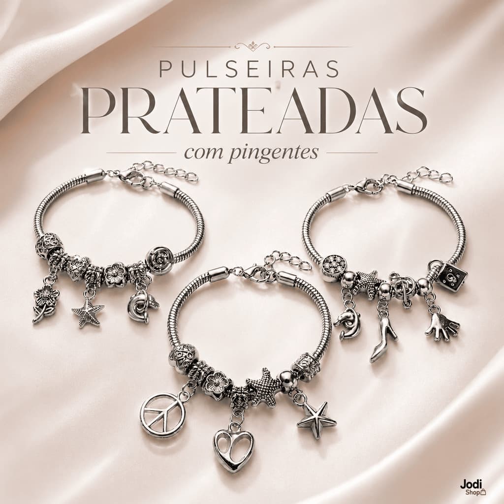 Pulseira Feminina Prateada Com Pingentes Sortidos E Corrente Extensora