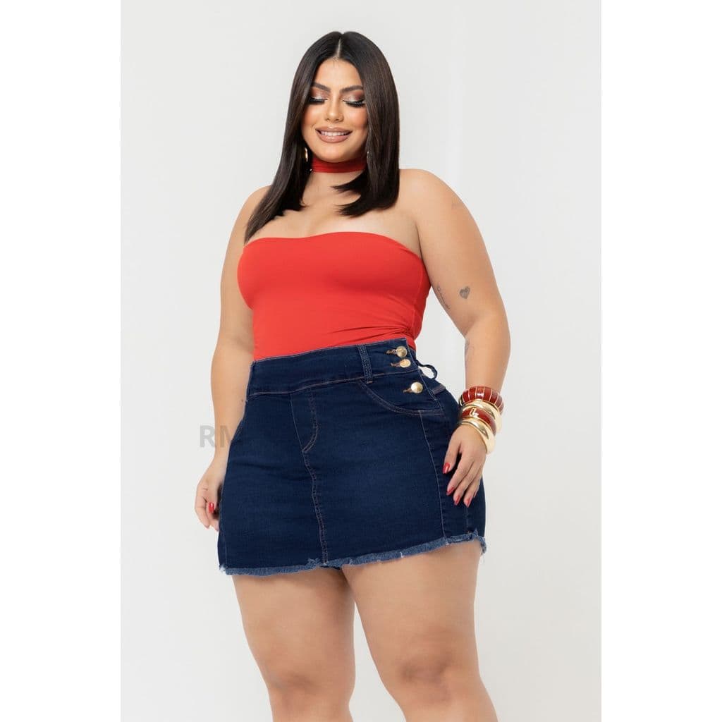 Shorts Saia Jeans Feminino Plus Size Com Lycra Cintura Alta ( Azul Escuro ) Moda Feminina