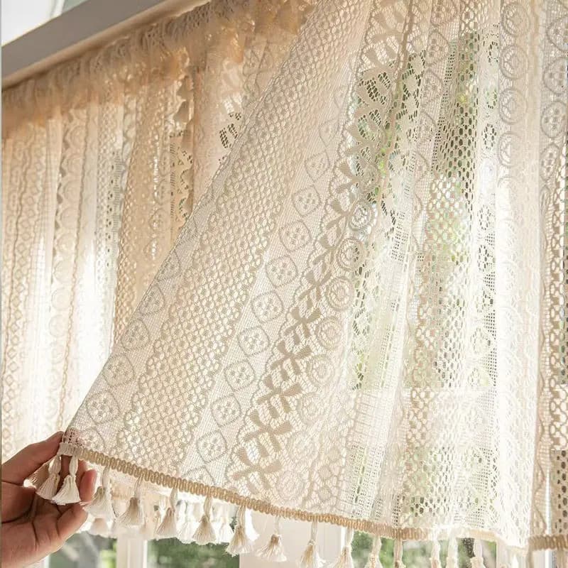 Cortina Curta Bege com Padrão Circular e Franjas, Cortina Curta de Renda, para Sala de Estar, Quarto, Cortina para Armár