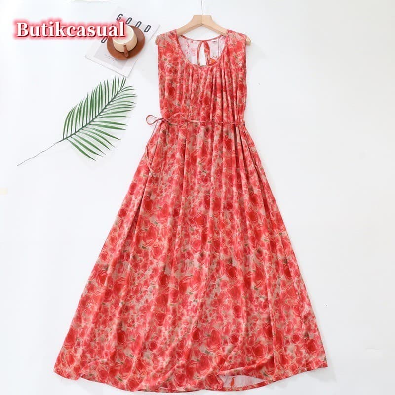 Vestidos Femininos De Rayon Estampados Verão Com Decote Em V Vestido Sem Mangas Solto Casuais Lisos