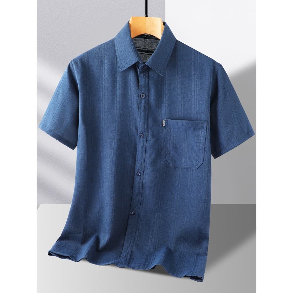 Verão de meia-idade camisa de manga curta masculina de seda gelo linho lapela roupas superiores de meia-idade idosos ver