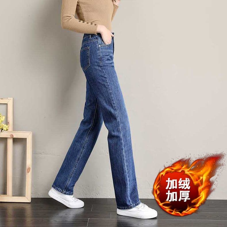 Outono velo Plus Size Jeans feminino solto em linha reta cintura alta mais magro olhar outono pequeno olhar alto pequeno