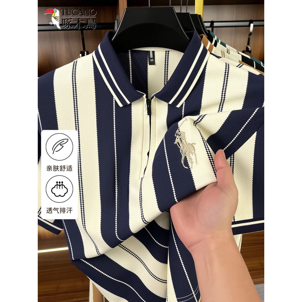 Woodpecker 2026 verão masculino solto gola com zíper camisa Polo de manga curta meia-idade jovem listrado cor contrastan