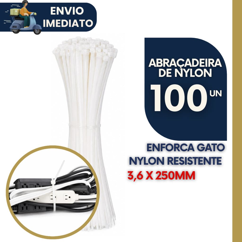 Kit 100 Abraçadeiras de Nylon 3,6x250mm Enforca Gato Branco Cinta Plástica Resistente p Organização
