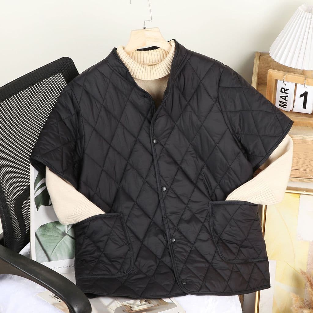 Rhombus gola alta de manga curta jaqueta acolchoada de algodão botão outono inverno colete feminino novo estilo colete q