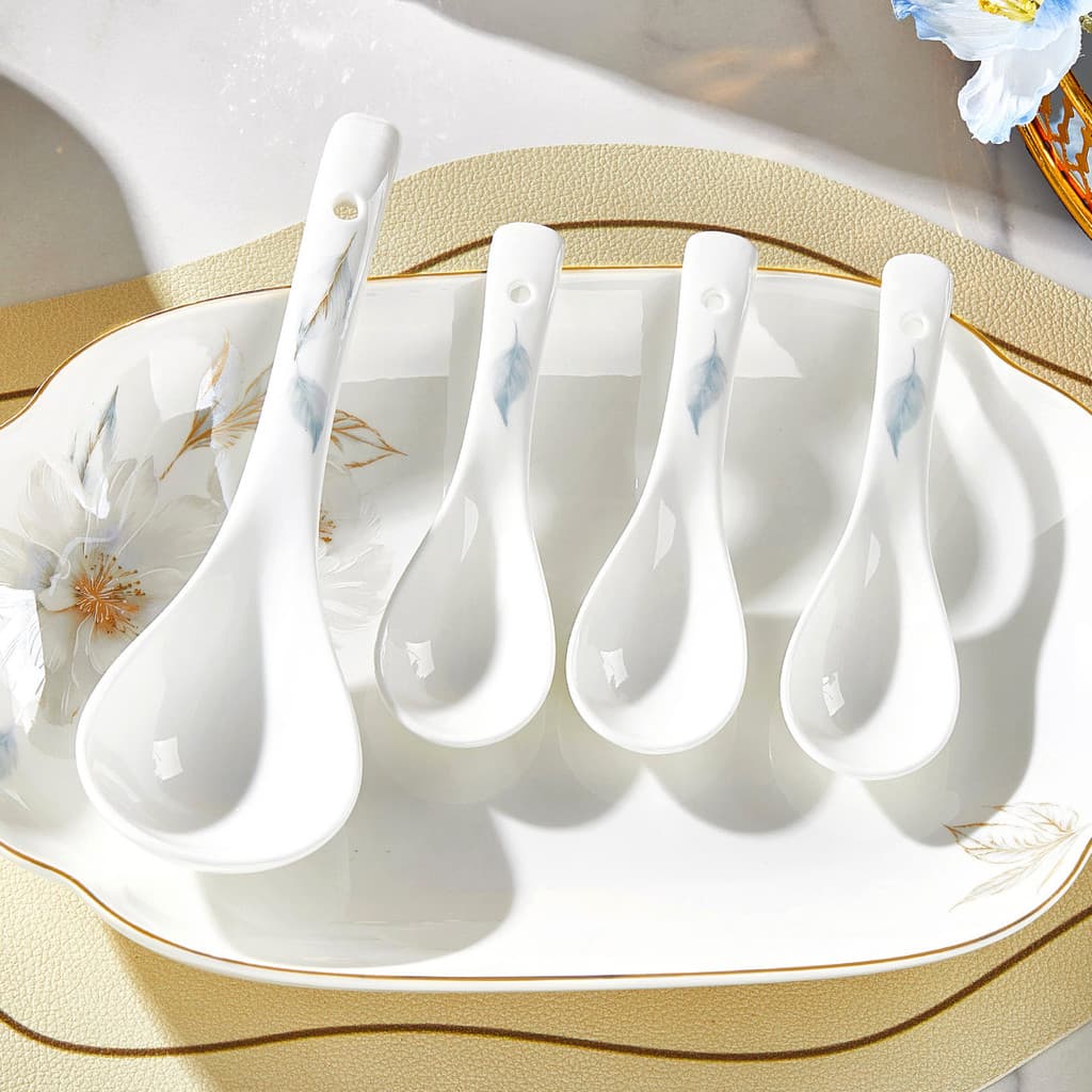Colher de sopa grande e pequena de cerâmica, colher de sopa doméstica para beber sopa, colher de porcelana branca pura,