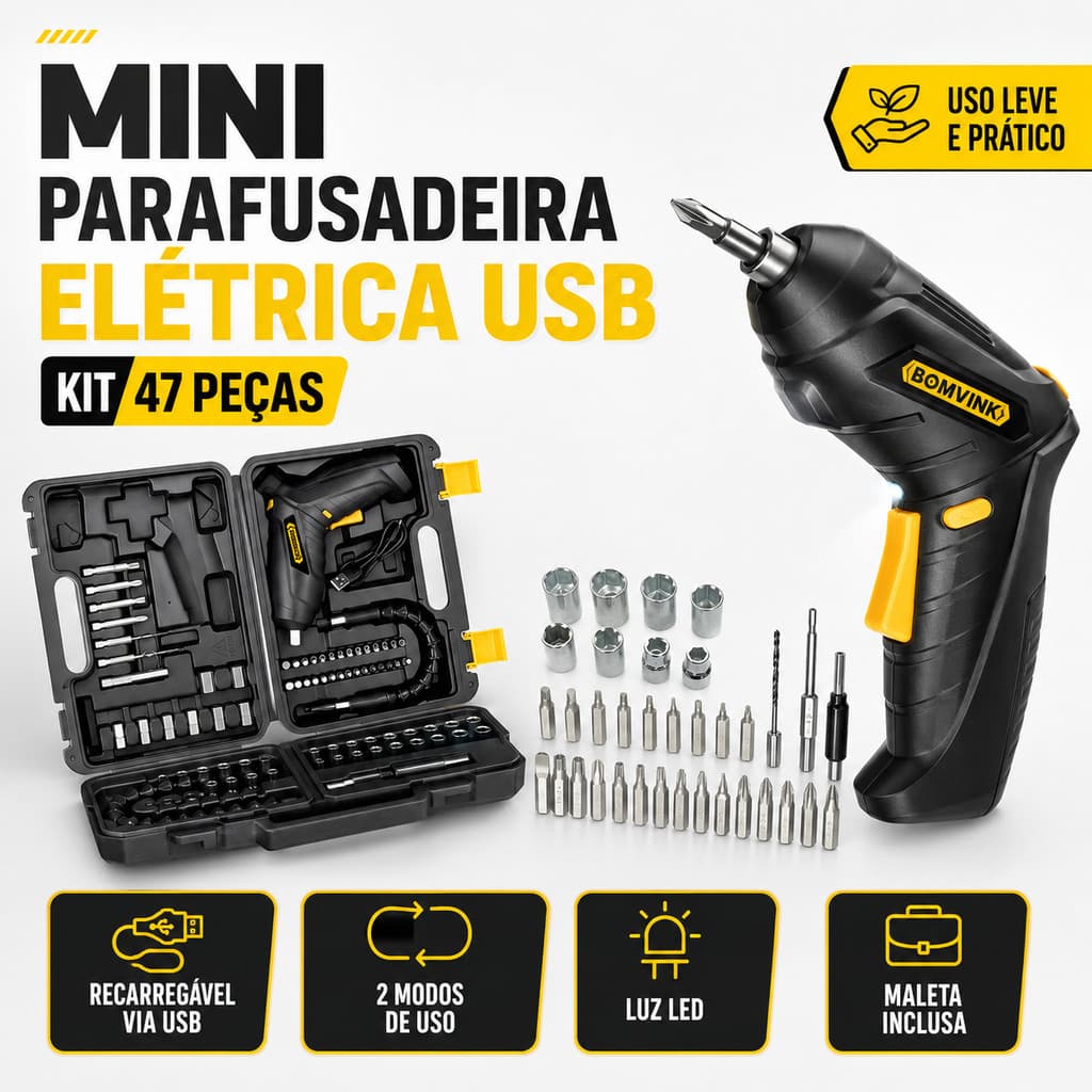 Mini Parafusadeira Elétrica Recarregável USB Kit 47 Peças, Soquetes, Brocas, Extensor Flexível, Maleta, Luz LED, 3,6V
