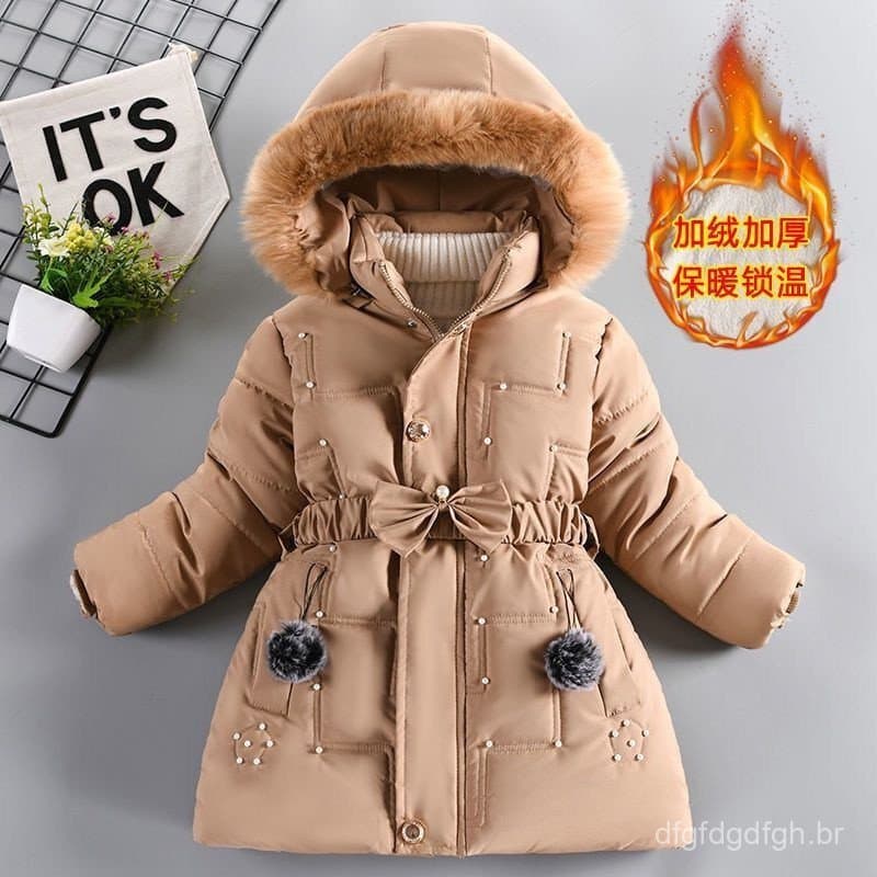 Casacos Longos e Grossos de Inverno para Meninas, Parka de Lã Quente e Elegante, Roupas para Crianças Grandes com Cintur