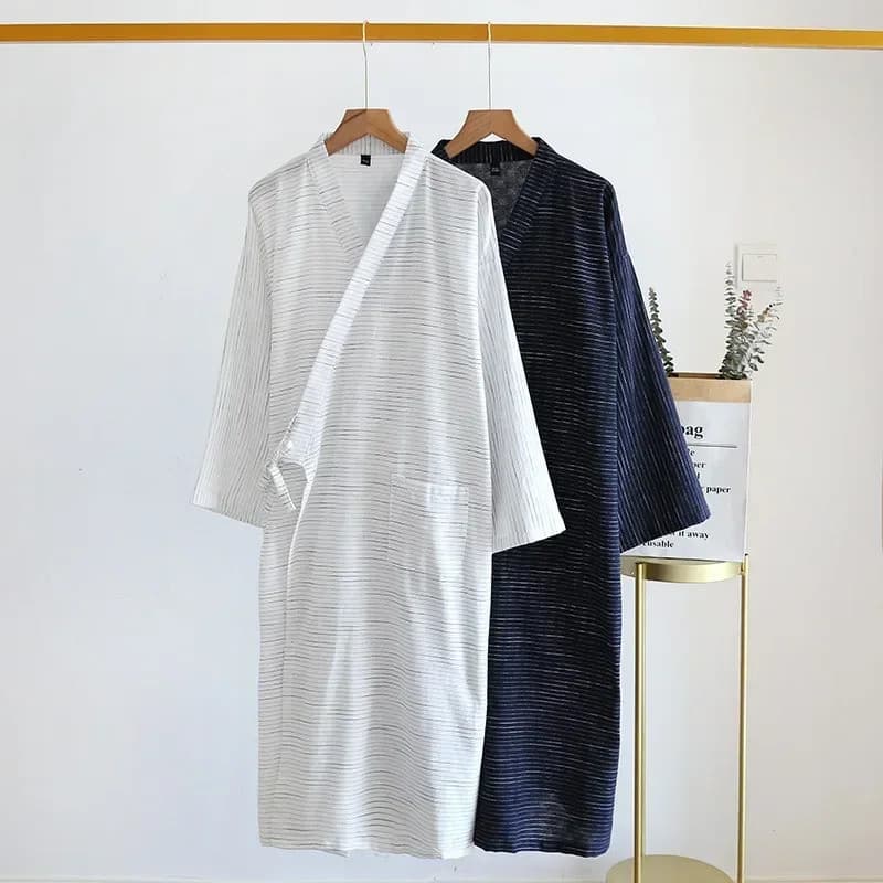 Roupões De Banho Longos Masculinos Pano De Algodão Primavera E Verão Kimono Robe Tamanho Grande Roupão Listrado Masculin
