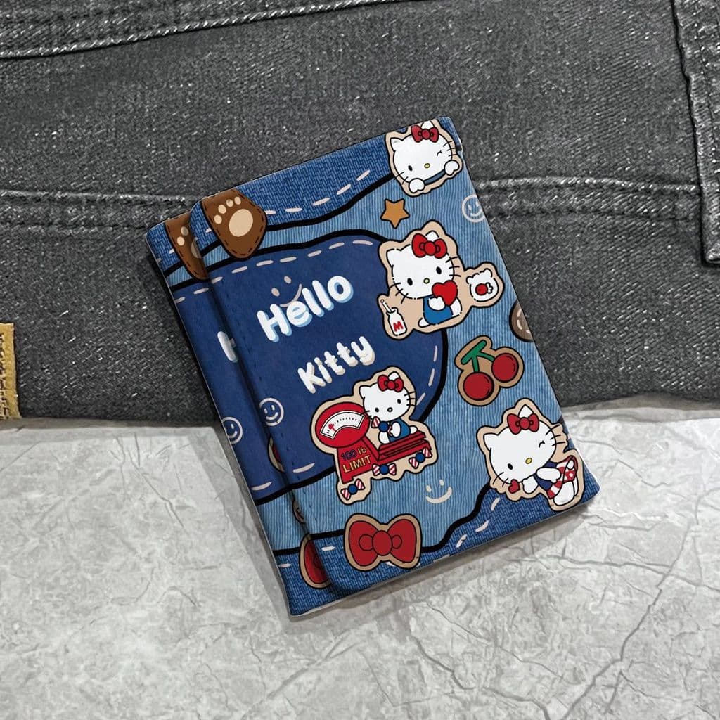 Carteira Tri-fold Hello Kitty em Denim, Porta-moedas para Casal, Porta-cartões Multifuncional com Múltiplos Compartiment