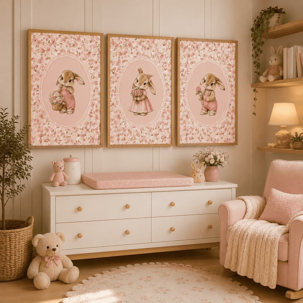 Kit Trio Quadros Infantil Coelha Rosa Flores Decoração Quarto Menina Premium
