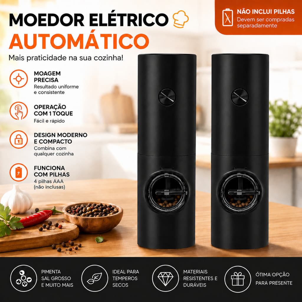 Moedor Elétrico para Sal Pimenta e Temperos Automático com Regulagem de Moagem a Pilhas
