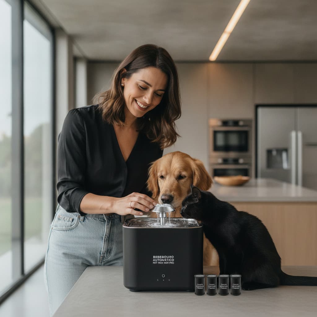 Bebedouro Automático Pet Inox Sem Fio Cães Gatos + 4 Refis Filtro Carvão Ativado Premium Preto