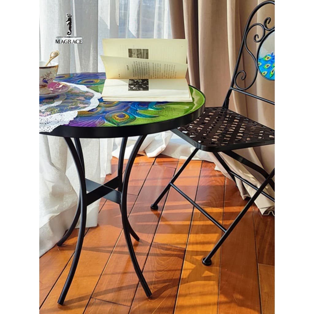 Mesa de centro de ferro de vidro pavão verde azul retrô americano sala de estar ao ar livre mesa de centro alta