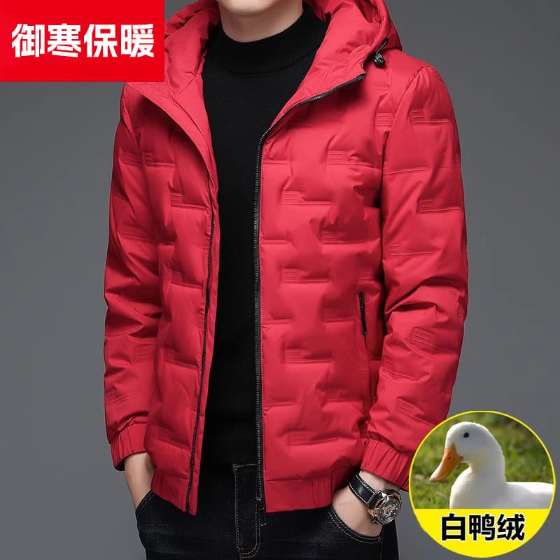 Jaqueta masculina 2025 novo estilo com capuz curto engrossado jaqueta de inverno Benming ano vermelho inverno jaqueta qu