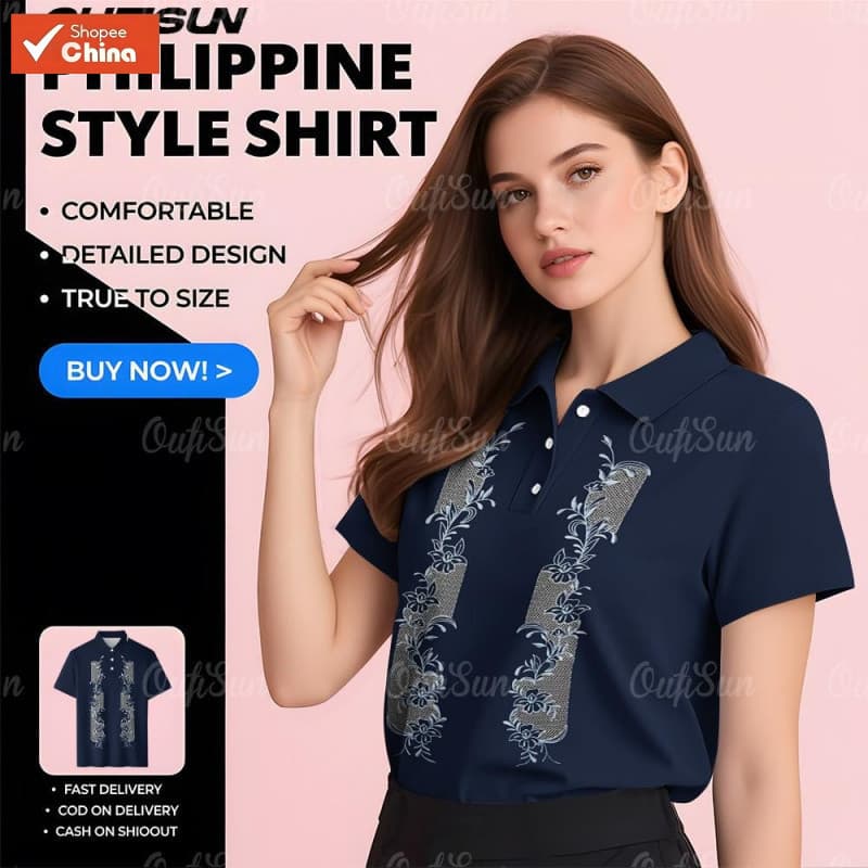 Camisa Polo Feminina Moderna Barong Tagalog Retro Floral Respirável de Secagem Rápida Roupas Étnicas XYFL