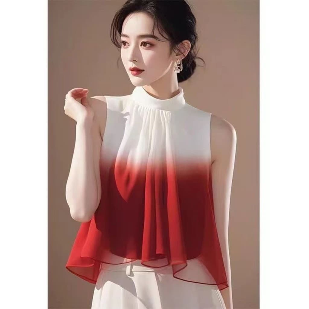 Camisa gradiente bonita exclusiva Popular deste ano feminina luz madura nicho francês sem mangas fada fofo Chiffon Top v