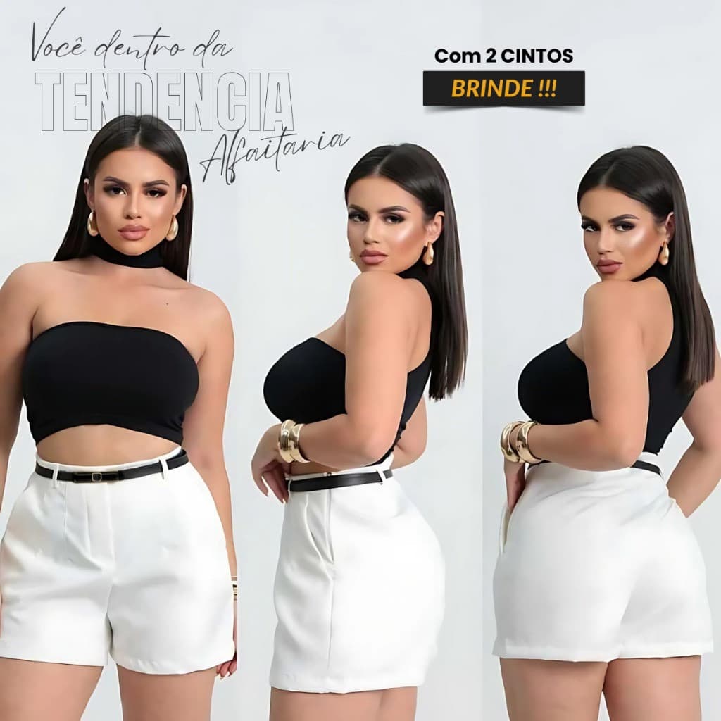 Shorts Alfaiataria Feminino Cintura Alta Com Cinto Com Bolso Novo Lançamento