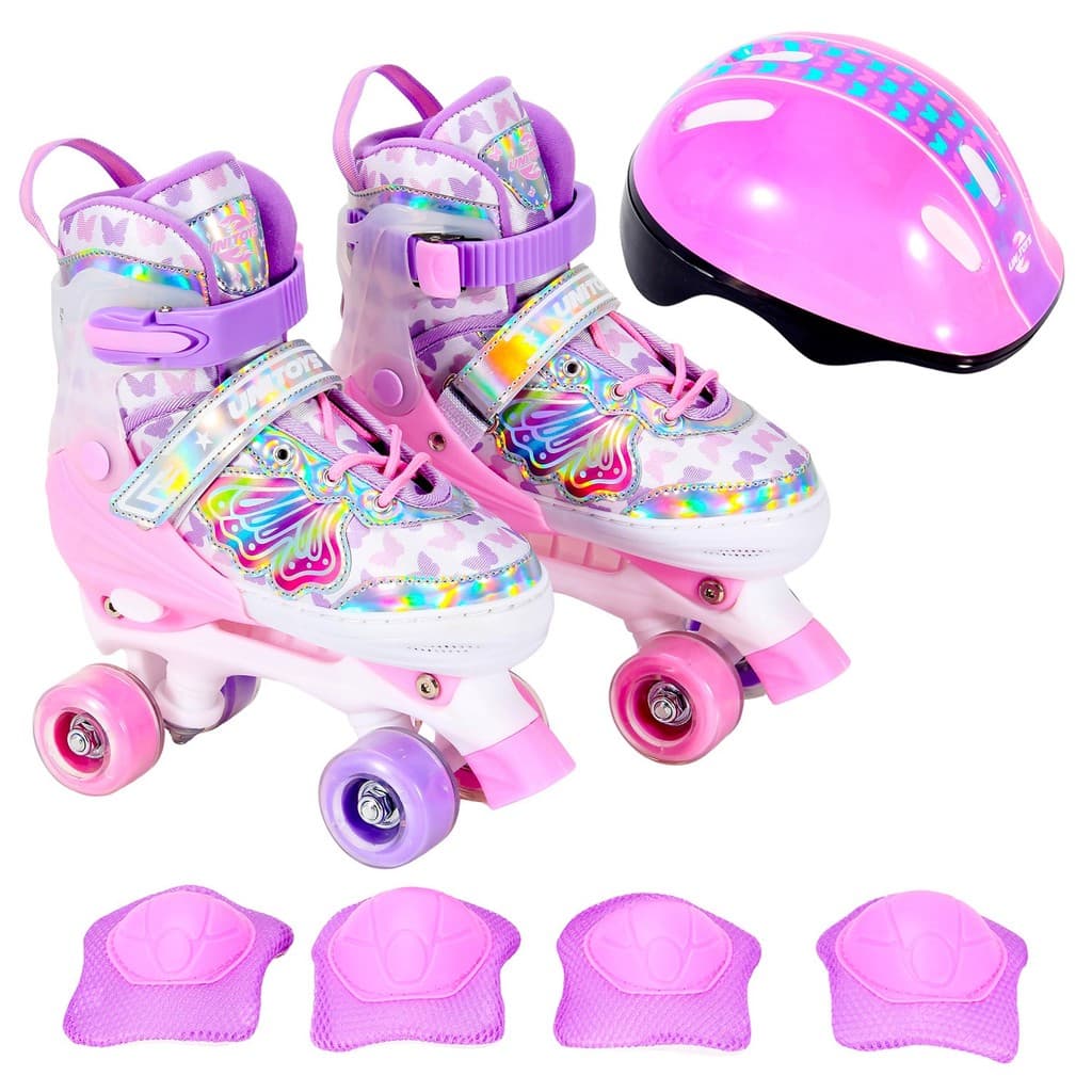 Patins Quad Infantil 4 Rodas Menina Borboleta Roller Tamanho Ajustável Rosa + Kit Proteção Unitoys